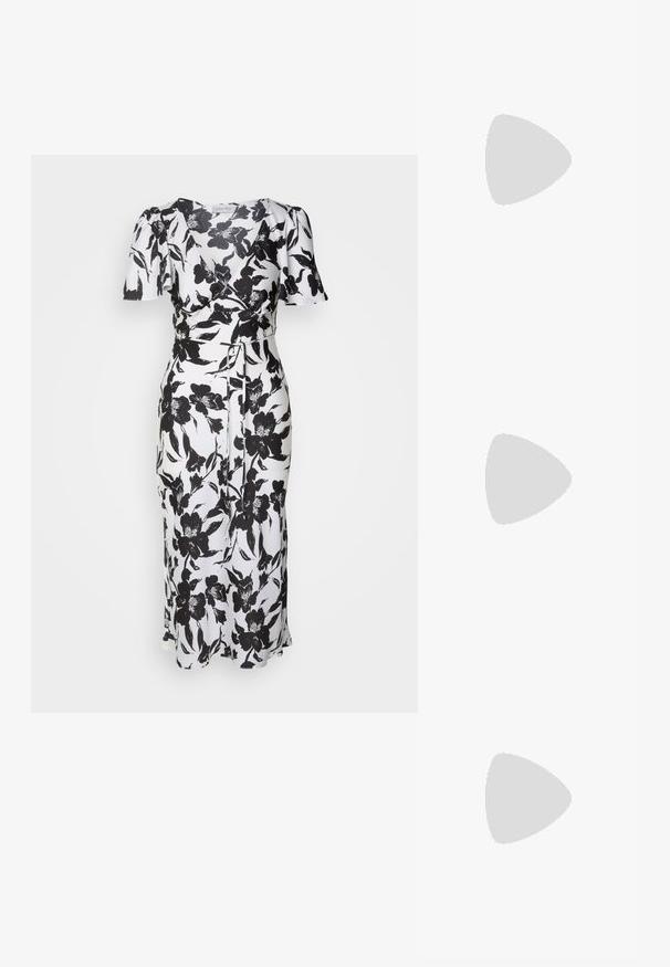 Cvetna obleka z zavihkom v beli in črni barvi, ki ima kratke rokave, V-izrez, poudarjen pas in lahkotno, padajoče tkanino z sijočim zaključkom.; Bela slingback peta z ostrim nosom, gladka zgornja prevleka, nizka blok peta in zasnova z stranskimi izrezi ter nastavljivim trakom z zaponko.; Okrogle sončna očala s temnimi lečami in zlatimi okvirji. Model nosi svetlo modro, rebrasto jakno s gumbi in belimi rokavi v kontrastni barvi.; Michael Kors denarnica v bež lakiranem platnu z mišičnim vzorcem ponavljajočega se logotipa MK, z zlatim okovjem in snemljivo verižico.