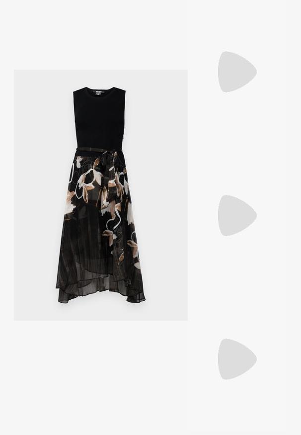 Musta hihaton mekko, jossa on tiukka ribbikuvio ja virtaava epäsymmetrinen hame, jossa on abstract beige- ja valkoisia kukkakuvioita sekä vyötärölle sidottava nauha.; Mustat korkokengät sandaalit, joissa on ohuet hihnat solmittuna, sileä neliön muotoinen varvasosa ja tyylikäs stiletto-korko.; Vaalea harmaa metallinen käsilaukku, jossa on ketjusanka. Laukku on koristeltu pienillä pyöreillä metallikoruilla ja kolmion muotoisella brändilogolla.; Hopehopeet hopehopeet hopehopeet hopehopeet, jolla on sileä, kiiltävä pinta. Pyöreä muoto, kevyt rakenne, jossa on neulakiinnitys.