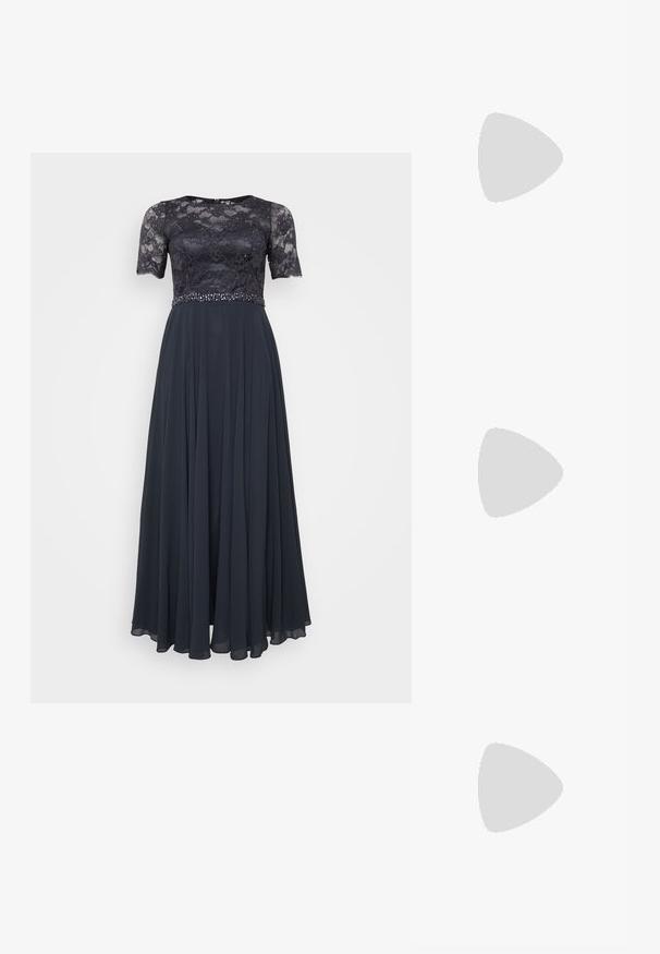 Rochie de seară bleu marin cu un bust din dantelă, mâneci scurte și o talie împodobită; fustă din chiffon fluidă cu o siluetă plină.; Pantofi slingback din piele lacuită neagră, cu vârf ascuțit, detalii din metal argintiu și toc mic pătrat. Textură netedă și lucioasă pe întreaga suprafață.; Geantă de umăr din piele neagră, cu o textură netedă, formă rectangulară și un detaliu din lanț metalic în față. Include curea reglabilă.; Cercei din argint cu stud pătrat, având un finisaj neted și lustruit, într-o formă de lacrimă, care reflectă lumina cu o suprafață lucioasă.