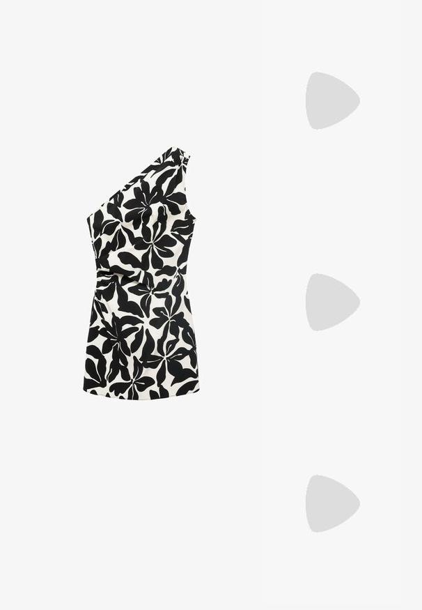 Top floral asimetric alb-negru, cu un singur umăr, realizat dintr-un material ușor, cu modele mari de frunze.; Steve Madden REMMI - Sandale - black; Ochelari de soare în stil tartă cu lentile maro, formă ovală, brațe subțiri, detaliu cu logo auriu pe lateral și finisaj lucios.; Steve Madden BVITAL SET - Geantă crossbody - black