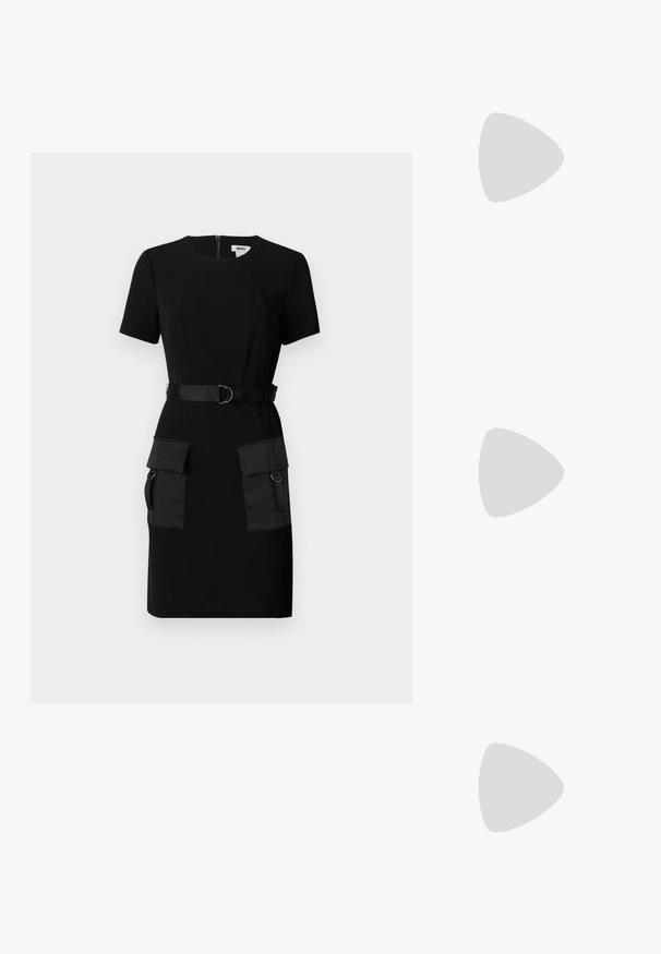 Black dress with short sleeves, fitted silhouette, fabric belt with a metal buckle, and two large front patch pockets with accents.; Black high-heeled sandals feature thin straps with a knotted design, a smooth square toe, and a sleek stiletto heel.; Light gray metallic handbag featuring a chain strap, embellished with small circular metallic studs and a triangular brand logo.; Silver hoop earrings with a smooth, shiny finish. Rounded shape, lightweight design, featuring a post-back closure.