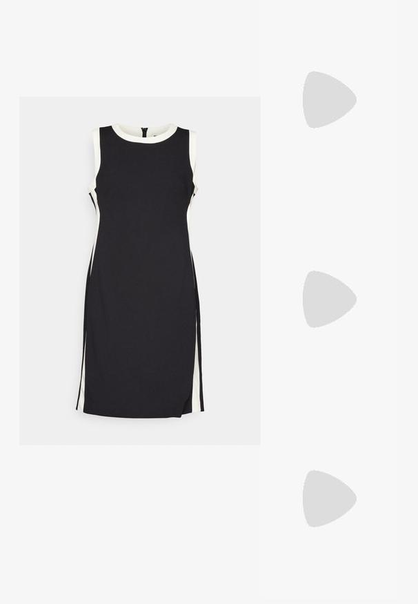 Svart ermeløs kjole med rund hals, med hvite sidestykker og glidelås bak. Glatt stoff, knelangs design.; Svart spiss tå slingback-sko med lav hæl, laget av jevnt skinnmateriale og med utskåret design på siden for pusteevne.; Hvit lærveske med en buet fasong, med et preget "CK"-logo på forsiden og en enkel skulderstropp. Glidelåslukking på toppen.; Gulltonede hoop-øreringen med en halvmåneform, polert overflate og hengsel-lukking. Glatt tekstur og reflekterende finish øker synligheten.