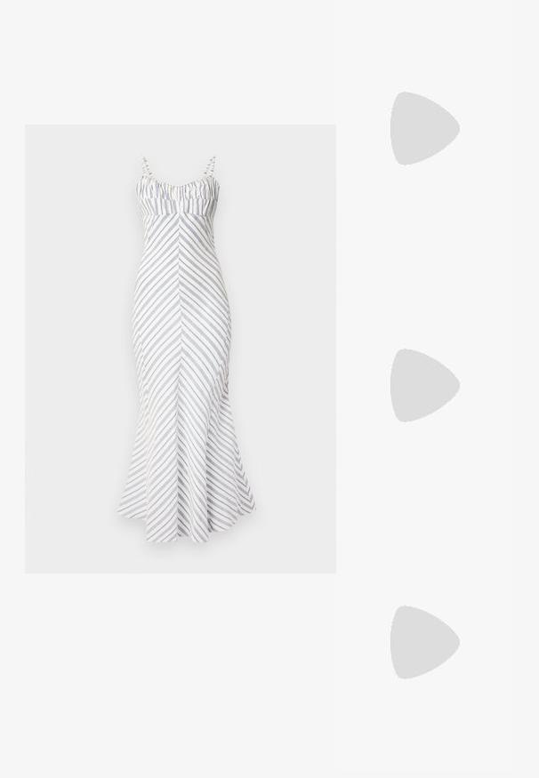 Strapless, fitted midi dress in white with blue diagonal stripes. Features gathered bodice, flared hem, and adjustable straps. Smooth texture.; Polo Ralph Lauren LONGWOOD LEATHER SNEAKER - Trainers - white; Polo Ralph Lauren POLO ID CALFSKIN MINI SHOULDER BAG - Handbag - black; Lauren Ralph Lauren KNOT STUD - Earrings - gold-coloured