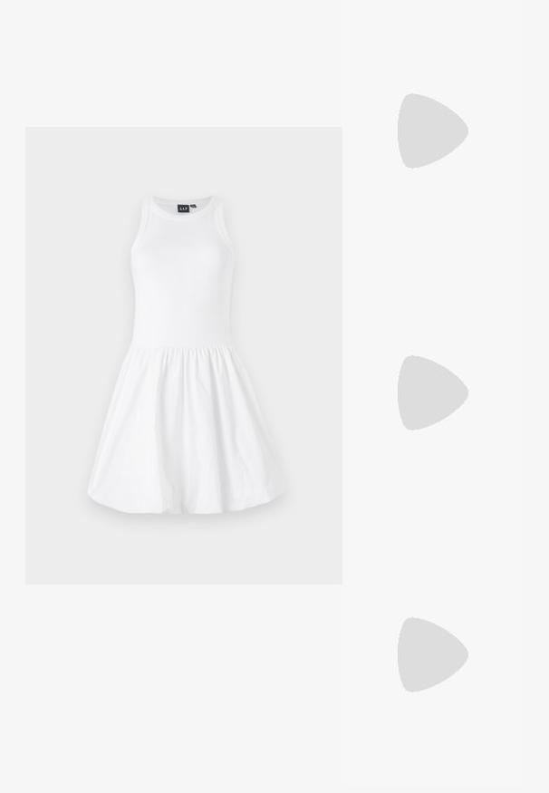 White sleeveless dress, fitted bodice with a flared skirt, made of smooth fabric. Features a crew neck and elastic waistband.; White cotton t-shirt featuring a large, bright red lobster graphic on the front. Short sleeves and standard crew neck design.; White high-top canvas sneaker with black rubber sole, front rubber toe cap, and six eyelets for laces, featuring a clean, minimalist design.; Red leather handbag with an angular, geometric design. Features a single adjustable strap and a flap closure with stitched detailing.