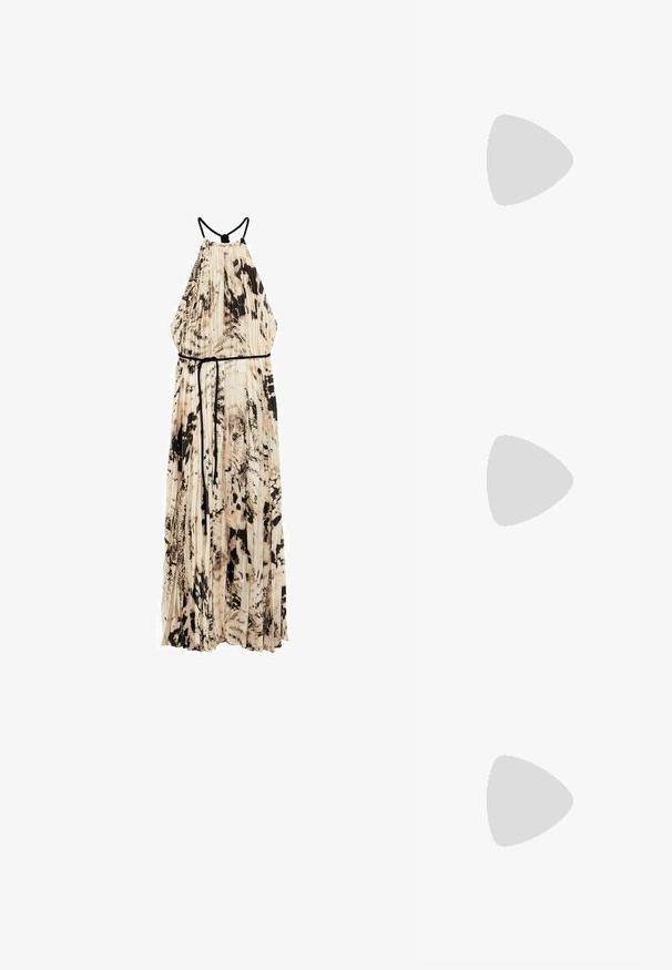 Mango Freizeitkleid - off-white; Schwarzes satin Top mit einer Spitzen V-Ausschnitt und dünnen Trägern, kombiniert mit dunkelblauer Jeans, vor einem neutralen Hintergrund.; Schwarze Gummi-Flip-Flop-Sandale mit einem strukturierten Riemen und einfacher flacher Sohle, von der Seite auf einem schlichten hellen Hintergrund dargestellt.; Schwarze Sonnenbrille in schmaler Katzenaugenform. Aus glattem Kunststoff gefertigt, mit dunklen Gläsern und dezenten Logo-Akzenten an den Bügeln.