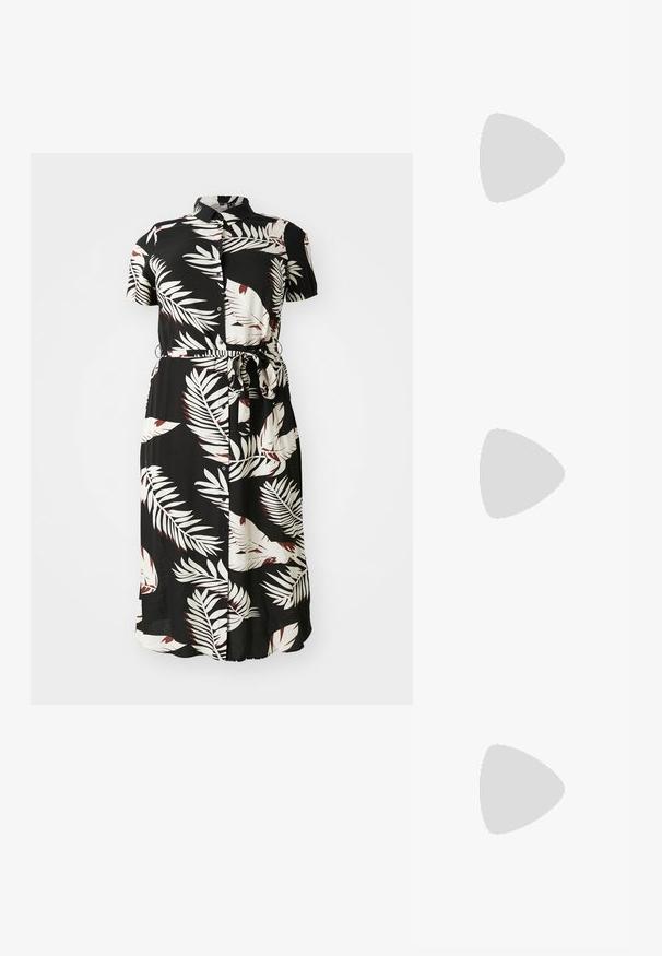 Abito nero con bottoni, caratterizzato da un motivo tropicale di foglie bianche e bordeaux, maniche corte, una cintura annodata in vita e una silhouette fluida.; Scarpe sportive in bianco e nero con tomaia in camoscio e pelle, caratterizzate da tre strisce bianche e una suola in gomma. Paio indossato con calzini bianchi.; Occhiali da sole con una montatura in plastica argentata elegante, lenti scure e forma curva. Presentano accenti audaci e un design leggero.; Orecchini a cerchio in argento con una finitura liscia e lucida. Forma rotonda e chiusura a scatto sicura. Design leggero adatto per l'uso quotidiano.