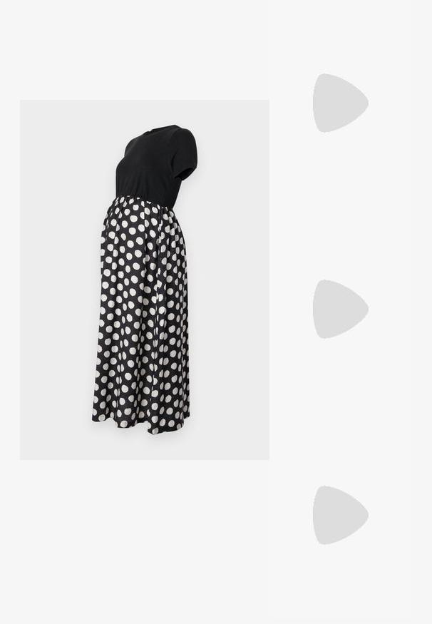 Graviditetskjole med en sort topp med korte ermer og et kne-langt skjørt med prikkete mønster i svart og hvitt stoff.; Sorte lakk lær slingback hæler med spiss tå, et avrundet utskjæringsdesign og blokkheel. Har en gulltone spenne som detalj.; Sorte oversized solbriller med gradient linser, tykke rammer og detaljering med gulltonekjede på tempelarmene.; Svart totebag laget av syntetisk materiale, med et enkelt rektangulært design, gullfargede firkantede detaljer og doble håndtak.