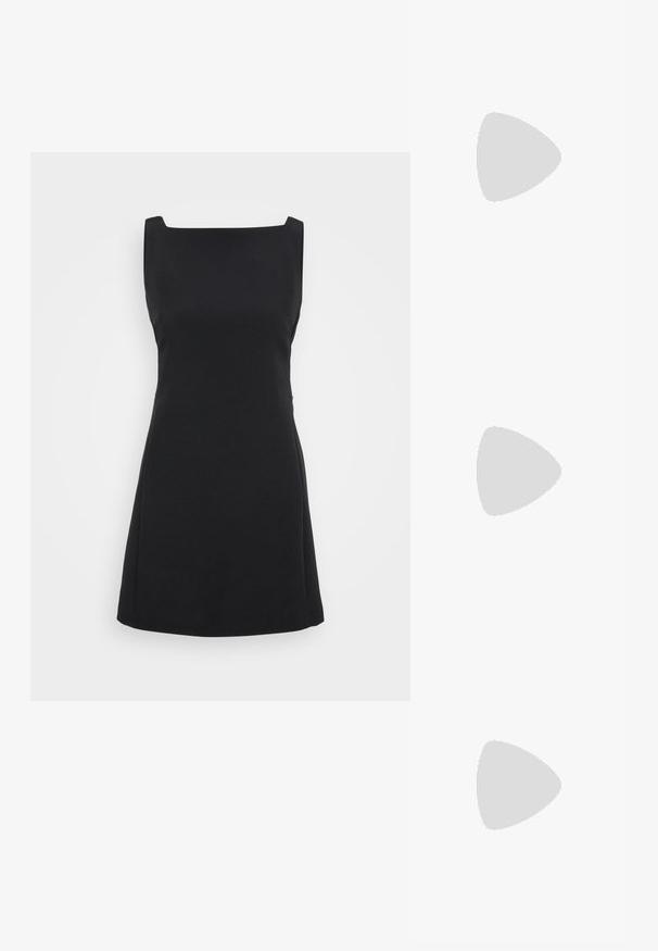 Črna brezrokavna obleka s kvadratnim izrezom, A-linijo in gladko teksturo, z minimalističnim dizajnom brez vzorcev ali dodatkov.; Črne usnjene balerinke, koničast toe, minimalističen dizajn, gladka tekstura, nizka peta, brez vidnih kovinskih delov ali okraskov.; Črna usnjena torba s gladko teksturo, strukturirano obliko, dvema ročkama in izrazitim srebrnim sponko na sprednji strani.; Srebrn dvojni prstan z gladko, polirano površino. Ima tekoč, ukrivljen dizajn z prekrivajočimi se sekcijami za sodoben videz.