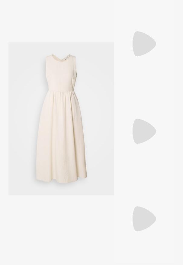 Sleeveless, cream-colored dress made of lightweight fabric, featuring a V-neckline, cinched waist, and a flowing, ankle-length skirt.; Black leather ankle boots with a pointed toe and a chunky heel. Smooth texture with minimal accents and a sleek, fitted design.; Brown rectangular sunglasses with gradient lenses, thick frames, and a logo detail on the side. Smooth plastic material, minimal design.; Black handbag with structured shape, smooth texture, and a metallic clasp. Paired with wide black pants and open-toe sandals on wooden floor.