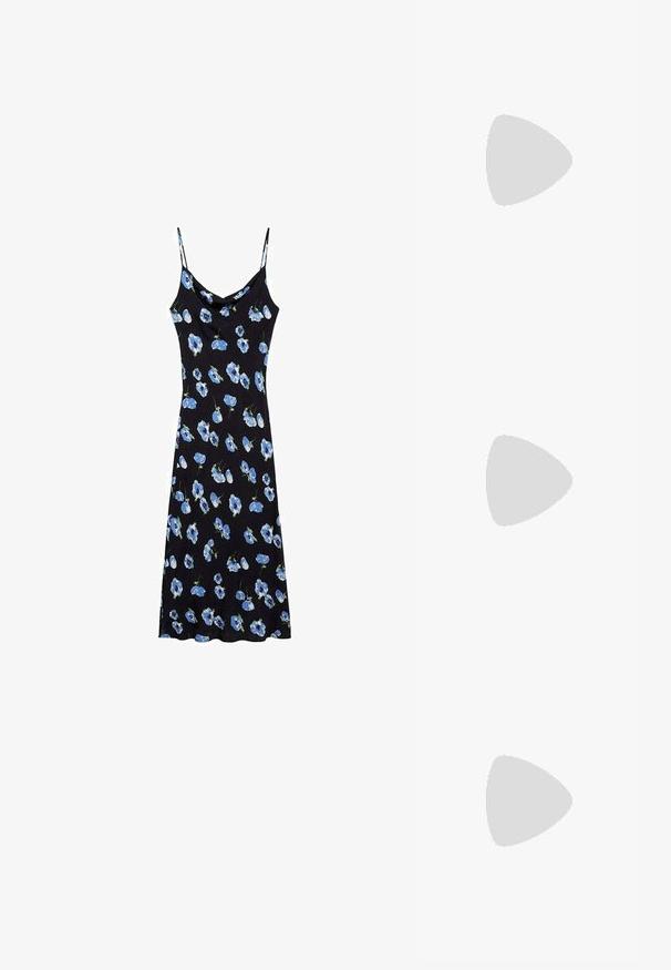 Schwarzes Slipkleid mit blauen Blumenmustern, dünnen Spaghettiträgern, einem Cowl-Ausschnitt und einer lockeren Passform, die über die Knie fällt.; Call it Spring ELYIAA - Klassischer Ballerina - black; Schwarze Plastiksonnenbrille mit grünen Gläsern, quadratischen Rahmen, silbernem Akzent auf der Augenbraue und strukturierten Bügeln. Angegebene Marke auf dem inneren Bügel.; Schwarze gewebte Tragetasche mit strukturierter Oberfläche, ausgestattet mit zwei langen schwarzen Griffen und silbernen Hardware-Elementen. Geräumiges und strukturiertes Design.