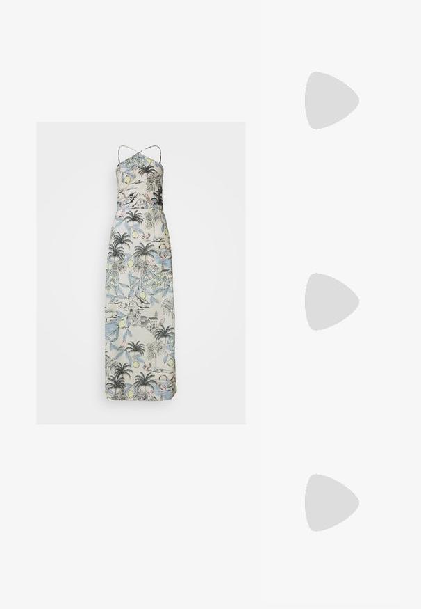 Maxiklänning med tunna axelband, tillverkad av ett ljust tyg prytt med ett botaniskt och landskapsmönster i pastellfärger.; Svarta lackläder slingback klackar med spetsig tå och geometrisk klack. Har en elegant, minimalistisk design och slät yta.; Svart läderhandväska med en unik fläktform, som har platta handtag. Ytan har en pebblad textur och en minimalistisk design.; Ljus beige armband gjort av slät resin. Rundad form med en enhetlig yta och en liten guldlogotyp på insidan.