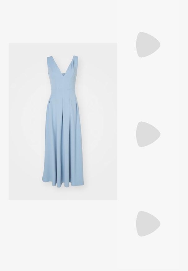 VILA VIWELLY DEEP V NECK ANCLE DRESS - Haljina od žerseja - ashley blue; Crne lakirane kožne sandale s otvorenom petom i špicastim vrhom, s geometrijskom blok petom. Imaju elegantan, minimalistički dizajn i glatku teksturu.; Crna kožna hobo torba s glatkom teksturom, zakrivljenim oblikom i jednom podesivom trakicom; ima širok otvor na vrhu.; Srebrna dvostruka prsten s glatkom, poliranom površinom. Karakterizira ga fluidan, zakrivljen dizajn s preklapajućim sekcijama za moderan izgled.