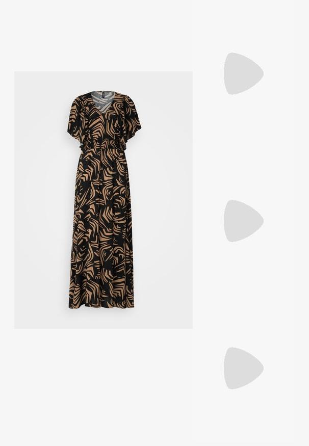 Juodas maksi suknelė su abstrakčiu smėlio spalvos raštu, V formos iškirpte ir plazdančiomis rankovėmis, su elastine juosta papildomam pritaikymui.; Sidabriniai slingback aukštakulniai batai su smailia pavadinimu, metaliniu paviršiumi, dviem dekoratyvinėmis juostelėmis ir lieknu kulnu su juodu galiuku.; Juodas odinis krepšys su išlenkta forma, nuimamu dirželiu ir auksiniais detalėmis. Krepšys turi kilpą su sagtimi.; Sidabrinis dvigubas žiedas su lygiu, poliruotu paviršiumi. Pasižymi sklandžiu, kreiptu dizainu su persipinančiomis dalimis, suteikiančiomis modernų išvaizdą.
