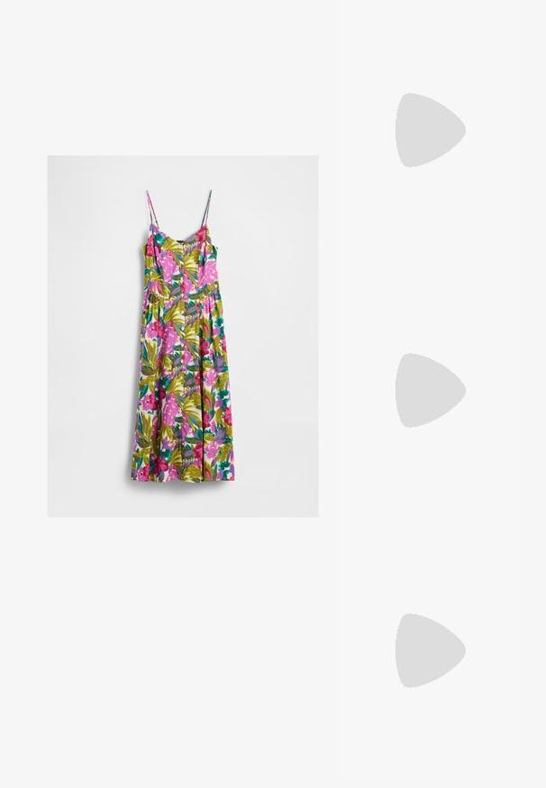 Mouwloze midi-jurk met dunne bandjes, knoopsluiting aan de voorkant en een sprankelende bloemenprint in roze, groen, teal en paars op een witte achtergrond.; Zwarte gepatineerde leren slingback hakken met een spitse neus en een geometrische blokhak. Kenmerkt zich door een slank, minimalistisch ontwerp en een gladde textuur.; Witte gestructureerde handtas met korte handvatten en een schouderband, voorzien van gouden hardwareaccenten en een textuurmateriaal, tentoongesteld tegen een grijze achtergrond.; Gouden metalen oorbel met een slank, gebogen ontwerp. Beschikt over een kenmerkende puntige vorm, gepolijste oppervlakte en scharnier sluiting.