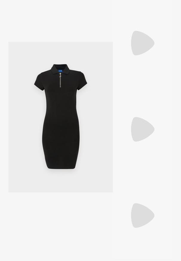 Musthave musta sobiv polo kleit, lühikesed varrukad, tõmbluku detail kaeluses, valmistatud siledast kangast, kohandatud siluett.; Mustad musta värvi kontsandaalid on varustatud peente rihmadega, millel on sõlmekujundus, siledad ruudukujulised varbad ja stiilne stilettokonts.; Helehall metallik handbags, millel on kett, kaunistatud väikeste ümmarguste metallist õmblustega ja kolmnurkse brändi logoga.; Hõbedased rõngaskõrvarõngad, millel on sile ja läikiv pind. Ümar kuju, kerge disain, millel on post-tagumise kinnituse süsteem.