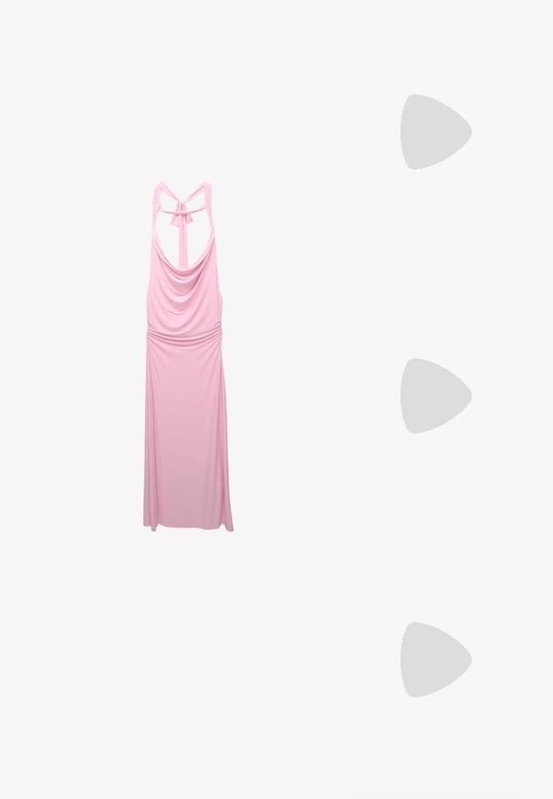 Pink sleeveless dress made of soft fabric, featuring a cowl neckline, gathered waist, and a crisscross back detail with a tie.; White slingback heel with a pointed toe, smooth upper material, low block heel, and side cut-out design with adjustable buckle strap.; Round sunglasses with dark lenses and gold frames. The model wears a light blue, ribbed cardigan with buttons and contrast white sleeves.; Michael Kors wristlet in beige coated canvas featuring a repeating MK logo pattern, gold hardware, and a detachable chain strap.