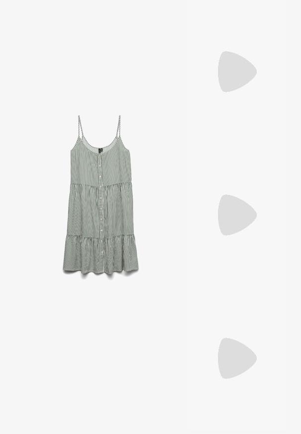 Rochie fără mâneci, cu dungi verzi și albe, cu butoane pe toată lungimea frontală și un tiv flutat. Fabricată dintr-un material ușor, cu bretele subțiri.; Sandale din piele vegană aurie, cu două curele ajustabile, talpă din plută și talpă din cauciuc întunecat. Textură netedă cu un finisaj metalizat.; Ochelari de soare dreptunghiulari cu ramă din plastic cu model broască țestoasă, lentile închise la culoare și accente argintii pe laterale. Fabricat în Italia.; Geantă de umăr din piele maro, cu model logo, curea cu lanț aurit, închidere cu fermoar și accente aurii. Formă compactă și rectangulară.