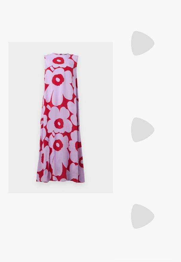 Sleeveless maxi dress in lightweight fabric featuring large red and pink floral patterns on a pale purple background. Round neckline.; Black high-heeled sandals feature thin straps with a knotted design, a smooth square toe, and a sleek stiletto heel.; Light gray metallic handbag featuring a chain strap, embellished with small circular metallic studs and a triangular brand logo.; Silver hoop earrings with a smooth, shiny finish. Rounded shape, lightweight design, featuring a post-back closure.
