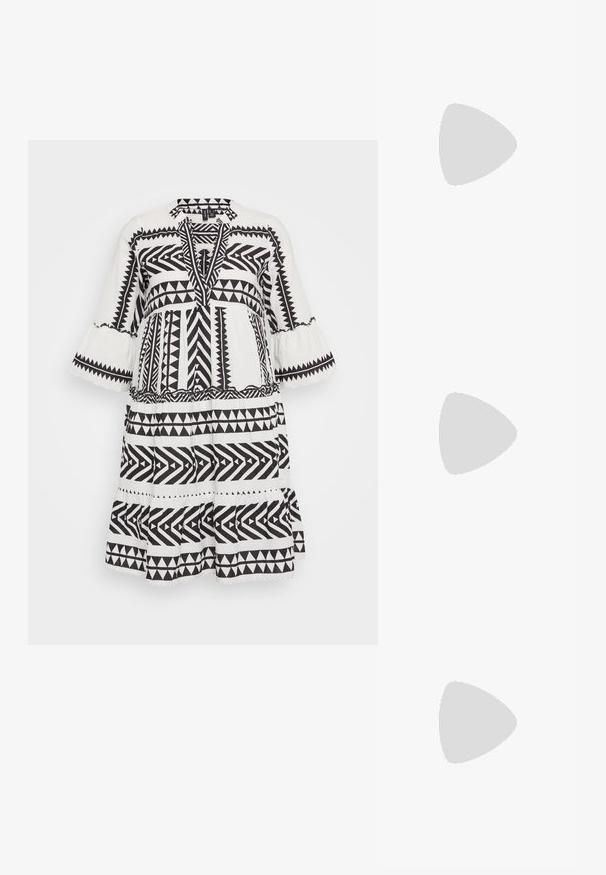 Vero Moda DICTHE 3/4  - Dnevna obleka - snow white/ibiza black; Črne lakirane slingback pete s koničastim nosom in geometrijsko blokasto peto. Imajo eleganten, minimalističen dizajn in gladko teksturo.; Črna usnjena torbica s ukrivljeno obliko, z odstranljivo naramnico in zlatimi dodatki. Torbica ima pokrov s podrobnostmi v obliki zaponke.; Zlati prstan s organskim, zvitim dizajnom, gladko površino in taperiranimi konci, ki ustvarja modernega, skulpturalnega videza.