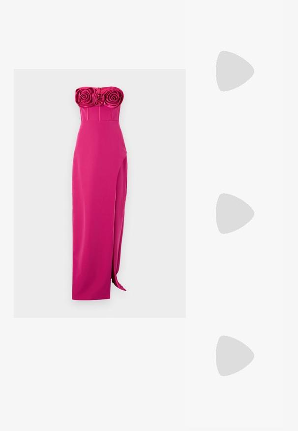 ML Monique Lhuillier STELLA STRAPLESS LONG DRESS - Proginė apranga - cerise pink; Blizgūs auksiniai slingback aukštakulniai bateliai su smailiu pirštu, plona kulkšna ir siauru kulnu. Paviršius turi tekstūruotą metalinį finišą.; Sidabrinė metalinė rankinė su grandinėlės rankena, iškaltu paviršiumi, dekoratyvine siuvimo siūle ir užtrauktuku. Priekyje turi iškilmingus akcentus.; Auksinės spalvos auskarai, kuriuose yra stačiakampis, skaidrus kristalas, kabantis po eile mažų, apvalių skaidrių akcentų. Šiuolaikiškas, modernus dizainas.