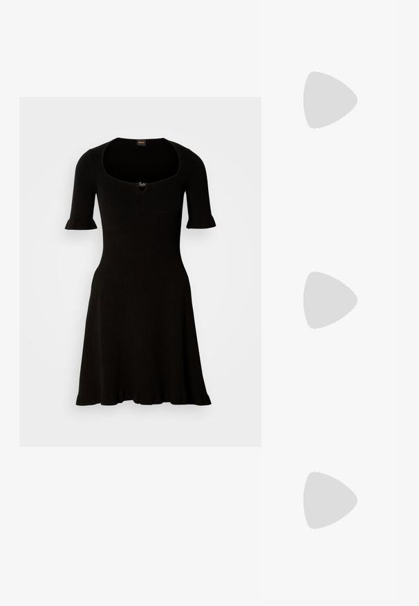 Black ribbed dress with a scoop neckline and short ruffled sleeves, flaring out gently from the waist. No additional details visible.; Black patent leather slingback shoes with a pointed toe, silver hardware detail, and a low block heel. Smooth, shiny texture throughout.; Black leather crossbody bag featuring a smooth texture, rectangular shape, and a metallic chain detail on the front. Adjustable strap included.; Silver drop earrings with a square stud, featuring a smooth, polished finish and a teardrop shape, reflecting light with a glossy surface.