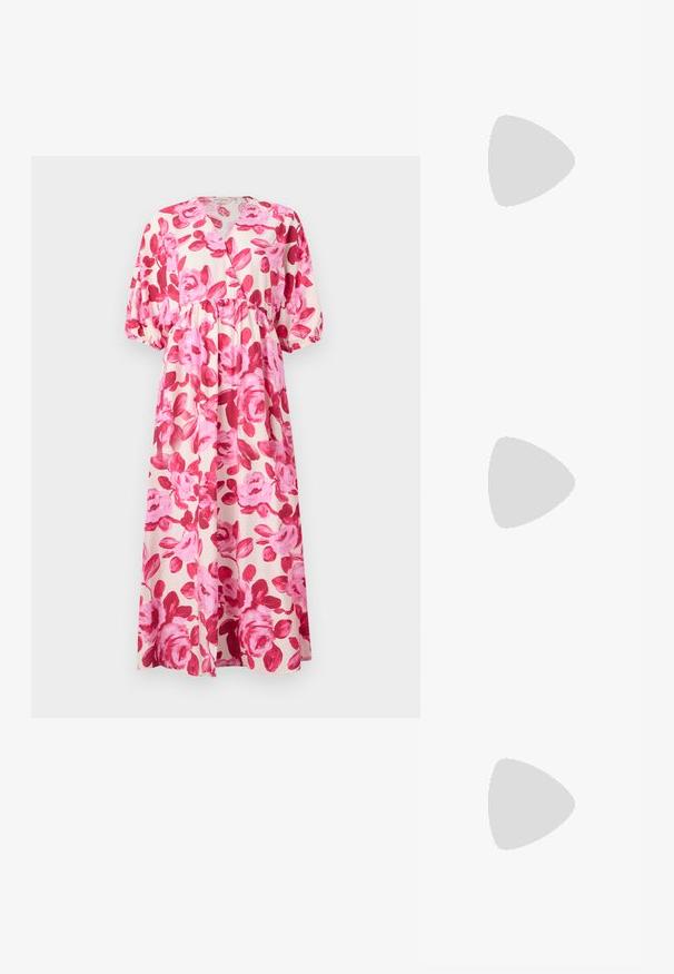 Rochie maxi florală dintr-un material ușor, cu un model de trandafiri roz, decolteu în V, talie strânsă și mâneci bufante cu manșete elastice.; Pantof cu toc înalt și vârf ascuțit, cu o schemă de culori argintii, aurii și nude. Finisaj lucios cu un design decupat, având un toc stiletto.; Pouch bag metalizat argintiu, cu o formă moale și rotunjită și un închidere de tip nod la partea de sus. Fabricat dintr-un material sintetic din piele netedă.; Cercei din argint cu un design torsadat, având un finisaj lucios și închidere cu tijă. Au un diametru de aproximativ 3 cm.