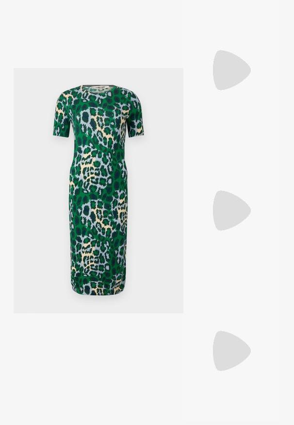 Vestido de manga corta verde con un estampado de leopardo en tonos de azul, beige y negro. La tela parece suave y tiene un corte ajustado.; Tacón slingback negro de charol con punta afilada, que presenta un estampado de serpiente texturizado, correa ajustable y un tacón bloque corto y texturizado.; Bolso cruzado de cuero negro con dos bolsillos frontales, hebillas doradas, cierre de cremallera y una correa delgada. Superficie texturizada y forma rectangular compacta.; Lauren Ralph Lauren BASIC SMALL HOOP - Pendientes - gold-coloured