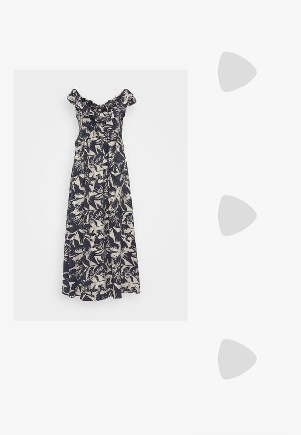 Robe maxi avec encolure à volants dénudée en imprimé floral bleu marine et crème. Fabriquée en matériau léger avec une silhouette fluide.; Chaussure slingback en cuir verni noir avec un embout pointu, des brides de cheville avec des boucles en argent et des éléments en métal, et un talon fin.; Sac à main en cuir blanc avec une forme incurvée, une bandoulière ajustable et un petit détail de boucle. Le modèle porte une tenue noire ajustée.; Boucles d'oreilles dorées présentant des formes texturées et ondulées. Comprend des clips sculpturaux et un design de créoles ouvertes avec une finition martelée.