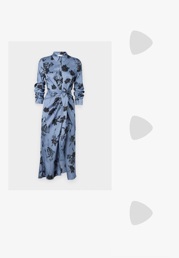 Cinq à Sept COOL CARNATION JACEY DRESS - Päevakleit - rustic blue; Mustad nahast libisemisega mullingud terava varbaga, volditud tekstuuriga ja väikese kitinõelaga. Omab tõmbluku detaili avas.; Mustmust kott poolkuu kuju, tekstuurse pinnaga, kuldne tõmblukk ja lame rihm. Kompaktne disain, mis sobib igapäevaste essementide jaoks.; Roheline akrüülist rõngakõrvarõngas, millel on kaheksanurkne kuju ja liigendatud servad, varustatud metallist lukuga kinnitamiseks.