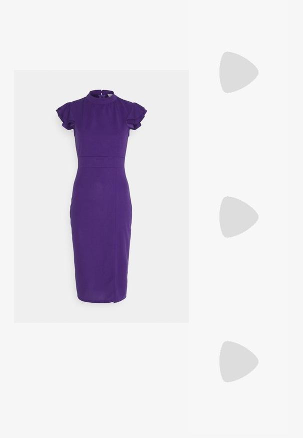 Rochie purpurie ajustată cu mâneci scurte volănașe, guler înalt și talie strânsă. Material neted cu o lungime până la genunchi și o deschidere pe lateral.; Pantof cu toc înalt și vârf ascuțit, cu o schemă de culori argintii, aurii și nude. Finisaj lucios cu un design decupat, având un toc stiletto.; Pouch bag metalizat argintiu, cu o formă moale și rotunjită și un închidere de tip nod la partea de sus. Fabricat dintr-un material sintetic din piele netedă.; Cercei din argint cu un design torsadat, având un finisaj lucios și închidere cu tijă. Au un diametru de aproximativ 3 cm.
