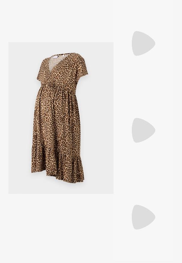 Leopard print maternity dress in brown and beige, short sleeves, v-neck, gathered waist, and a flared hem with ruffled detail.; Black patent leather slingback heels with a pointed toe, a rounded cutout design, and a block heel. Features a gold-tone buckle accent.; Black oversized sunglasses with gradient lenses, thick frames, and gold-tone chain detailing on the temple arms.; Black handbag with textured surface, dual top handles, and adjustable shoulder strap. Features gold-tone hardware and side pockets.