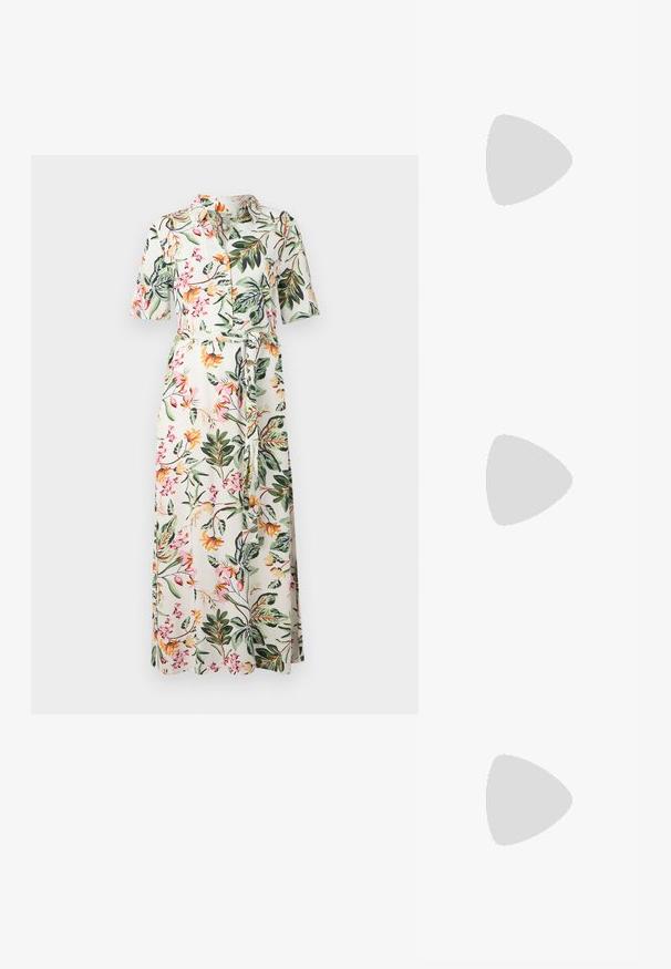 Blumen-Midi-Kleid mit kurzen Ärmeln, Knopfverschluss vorne und Taillenband. Mit einem weißen Hintergrund, bunten Blumen und grünen Blättern.; Spitz zulaufender High-Heel-Schuh in einer Farbgestaltung aus Silber, Gold und Nude. Glänzende Oberfläche mit Ausschnittdesign und stiletto Absatz.; Silberne metallic Pouch-Tasche mit einer sanften, abgerundeten Form und einem geknoteten Verschluss oben. Hergestellt aus glattem Kunstleder.; Silberne Creolen mit minimalistischem Design. Rundform, glatte Oberfläche und dünnes Profil. Leichtgewichtig mit hochglänzender Oberfläche.