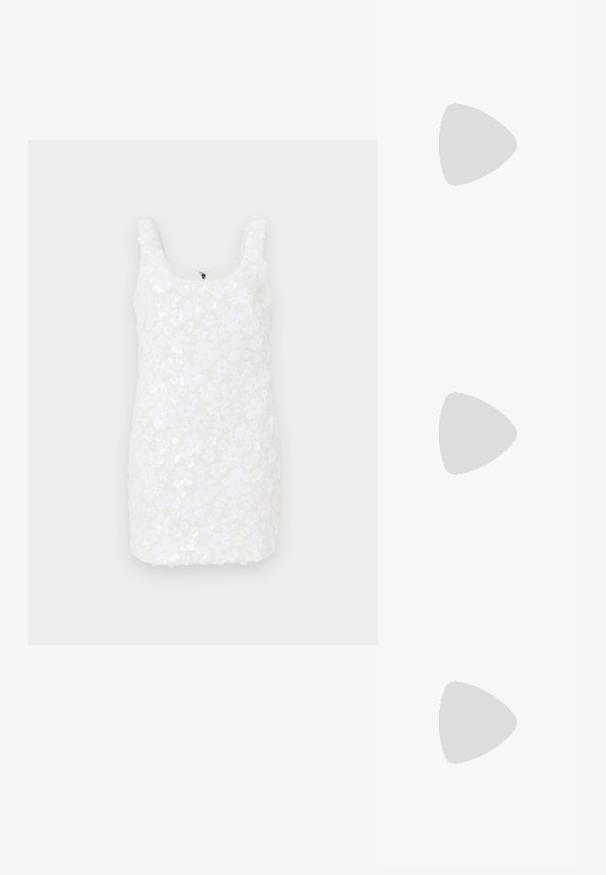 White floral dress with a sequined fabric, scoop neckline, and sleeveless design. Short length with a discreet zipper at the back.; Black patent slingback heel with a pointed toe, featuring textured snake print, adjustable strap, and a short, textured block heel.; Black leather crossbody bag with two front pockets, gold buckles, zipper closure, and a slim strap. Textured surface and compact rectangular shape.; Gold-tone metal hoop earrings with a curved, elongated shape. Features a smooth, shiny surface and a rounded tip for added detail.