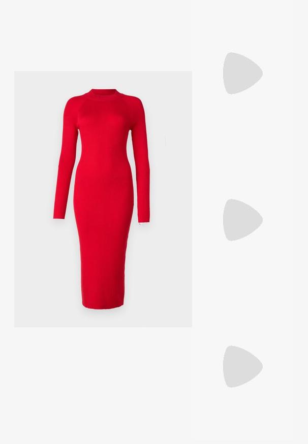 Vero Moda VMWILLOW HIGHNECK CALF DRESS - Sarafanas - salsa; Juodos lakuotos odinės šlepetės su smailiu pirštu ir geometriniu bloko kulnu. Turi elegantišką, minimalistinį dizainą ir lygų paviršių.; Rudos aukso dėklai su ovaliais lęšiais, plonomis kojelėmis ir skaidriais akcentais. Ant šventyklos yra subtilus logotipas. Plonas, lengvas dizainas.; Juodas odinis krepšys su išlenkta forma, nuimamu dirželiu ir auksiniais detalėmis. Krepšys turi kilpą su sagtimi.