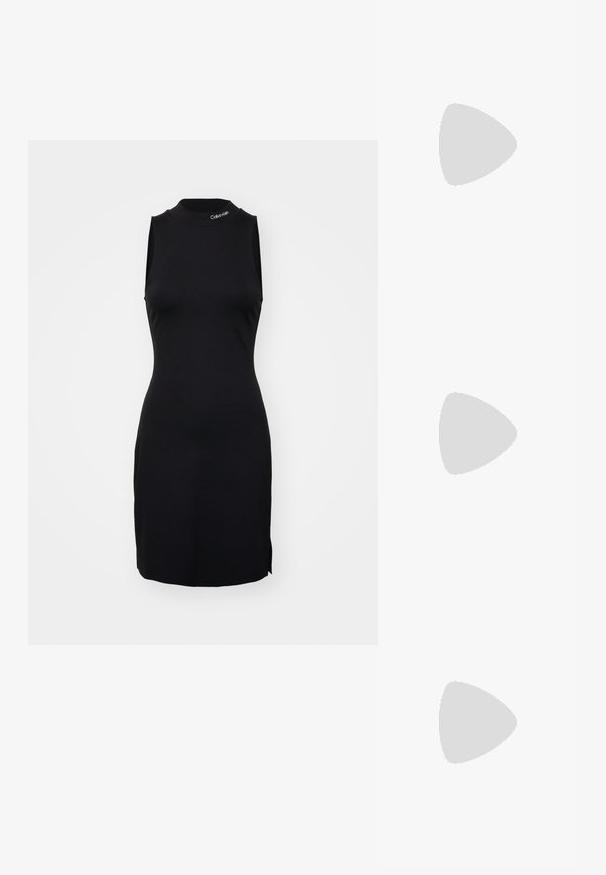 Black sleeveless dress made of stretch fabric, featuring a high neck, form-fitting silhouette, and side slits for ease of movement.; Black leather sandal with a T-strap design, flat sole, and an ankle buckle closure. Smooth texture with minimalistic style.; Black leather tote bag with two long handles, rectangular shape, textured surface, and minimalistic design. No visible hardware or accents.; Three metal rings: one rose gold, one gold with textured accents, and one silver, all with engraved branding on the inner band.