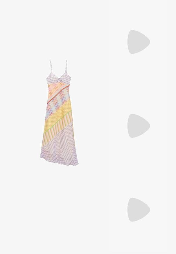 Hihaton, monikuosisesti kuvioitu mekko, jossa on ruudullisia ja raidallisia kuvastoja vaaleissa väreissä. Kevyt kangas, jolla on ilmava siluetti.; Beige patenttanssisen nahasta valmistetut slingback-korkokengät, joissa on terävä kärki ja kapea, neliömäinen korko. Saumatonta pinta ja minimalistinen muotoilu ilman koristeita.; Ruskeat kilpikonnaruutulasiset silmälasit, joissa ovaalit linssit, ohuet varret ja läpinäkyvät yksityiskohdat. Temppeleissä on huomaamaton logo. Suunnittelultaan suora ja kevyt.; Valkoinen olkalaukku, jossa on teksturoitu pinta, keskeinen solkiyksityiskohta ja kaareva muoto. Vetoketjusulkimet kummallakin puolella.