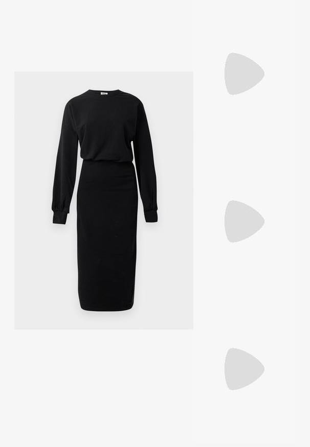 Hosszú ujjú fekete ruha kerek nyakkivágással és testhez simuló midi hosszúságú szoknyával, gyűrt mandzsettákkal és laza felső résszel.; Fekete lakkbőr slingback cipő hegyes orral, két pántos részlettel, arany kerek kiegészítőkkel és alacsony blokk sarkú kivitelben.; Fekete steppelt bőr kézitáska arany lánc pánttal és kör alakú akasztóval. Kompakt, téglalap alakú.; Aranyozott nyaklánc sima, ívelt középső díszítéssel. Rugalmas lánccal rendelkezik, homárzárral és további állítható láncszemekkel.