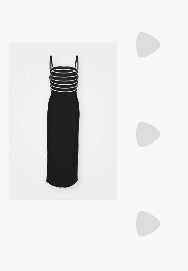 Juoda prigludusi suknelė su horizontaliomis baltomis juostelėmis per liemenį. Yra plonos petnešėlės ir tiesi, iki kulkšnies ilgio forma.; Tory Burch MELLOW MARY JANE - Pantoletai - perfect black/gold; Juodas rankinės pagamintas iš struktūrizuotos odos, su deimanto raštu, auksinės spalvos grandinėle, viršutine rankena ir logotipu išsiskiriančiu užtrauktuku.; Žalvariniai auskarai su apvaliu, padalintu dizainu, dekoruotu maža lapo detale; sklandi tekstūra su poliruotu paviršiumi.