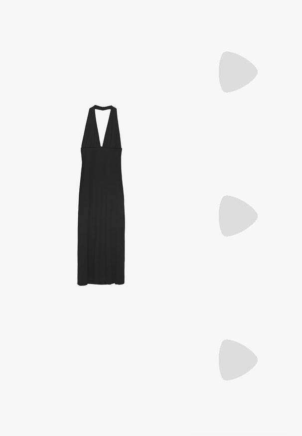 Robe noire à col halter en tissu lisse avec un décolleté en V profond et une coupe décontractée. Présente une longueur longue et des fentes sur les côtés pour faciliter le mouvement.; Racine à talon en cuir verni noir avec un nez pointu, des côtés découpés, une bride de cheville ajustable et un talon fin et élégant.; Lunettes de soleil en œil de chat avec une monture en plastique noir mat, des verres foncés et un accent en or avec le logo sur la branche. Design angulaire et texture lisse.; Porte-monnaie Michael Kors en toile enduite beige avec un motif répété de logo MK, des accessoires en or et une bandoulière en chaîne amovible.