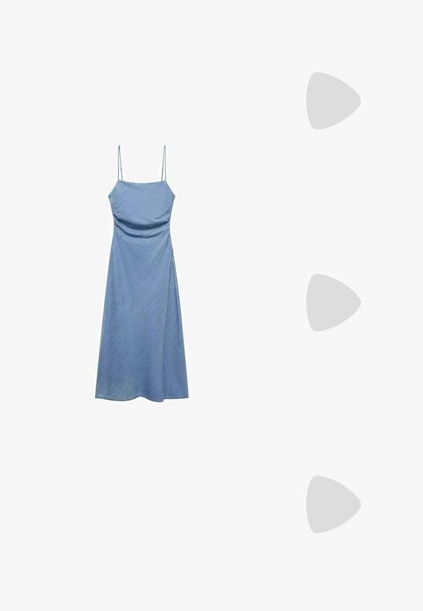 Vaaleansininen farkumekko, jossa on ohuet säädettävät hihnat, tiukka yläosa ja ilmava A-linjainen helma. Sileä pinta, jossa on hieno kiilto.; Kastanjan värinen nahkainen slingback-korkokenkä, jossa on terävä kärki ja ohut korko. Kengässä on pieni korostussolki vyössä ja kiiltävä pinta.; Kameleontin kuorilla varustetut aurinkolasit, joissa on ovaalit linssit, ruskeat sävyt, ohuet, tekstuurilla varustetut varsiosat ja kevyet muovikehykset.; Vaaleanbeige nahkainen käsilaukku, jossa on ainutlaatuinen muoto, varustettuna kahdella lyhyellä kahvalla ja yhdellä pitkällä säädettävällä hihnalla. Sujuva pinta ja vähän metalliosia.