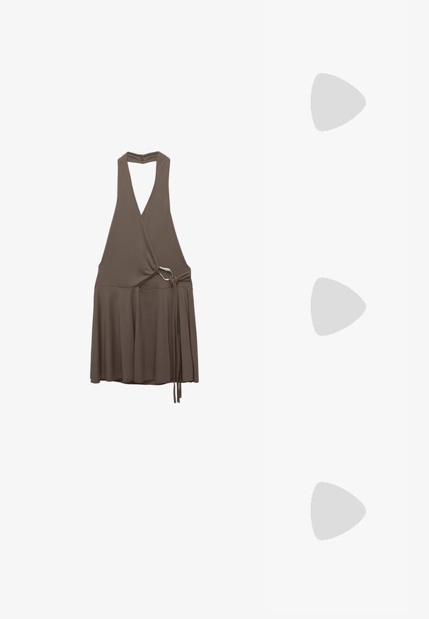 Brown sleeveless dress with deep V-neck, wrap design, and side knot detail, featuring a metal accent. Smooth, lightweight fabric.; Black patent leather sandal with a low heel, featuring crisscross straps and an adjustable ankle strap. Smooth, shiny surface.; Beige handbag with woven textured body, smooth cream flap, and a short strap. Gold hardware accent adds detail to the design.; Gold-tone hoop earrings with a smooth, polished finish. Features a half-circle shape and a secure post closure.