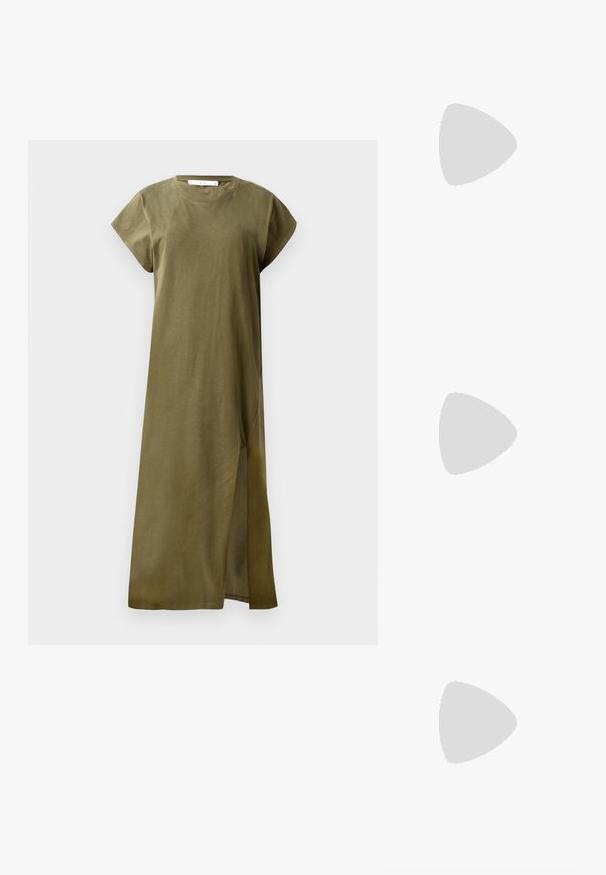 Olive green, knee-length dress made of soft cotton with short sleeves, round neckline, and a side slit for mobility. Simple and unadorned design.; White leather sneakers, low-top design, featuring a smooth texture, round toe, laced front, and a small embroidered logo on the side.; Black leather bucket bag with a textured finish, gold hardware accents, and an open top. Features a short handle and adjustable shoulder strap.; Gold-tone knot stud earrings with a twisted design. Each earring features a circular clear backing for secure wear.