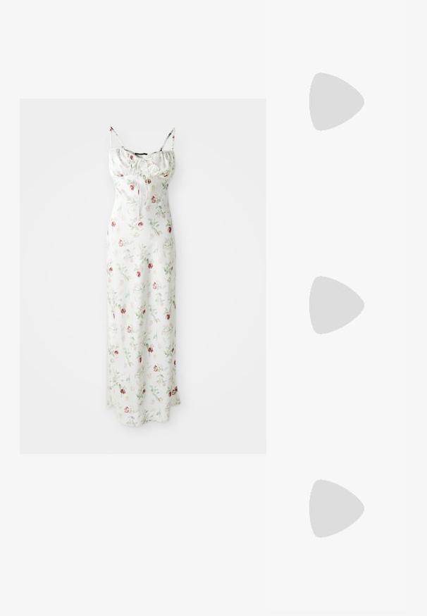 Ilga, balta suknelė su gėlių raštu rožinės ir žalios spalvos atspalviuose. Suknelė turi reguliuojamas spaghetti petnešas ir susiraukšlėjusią krūtinę su laisvu siluetu.; Juodas lakuotas odinis batelis su smailiu pirštu, kulkšnies dirželiais su sidabrinėmis sagtimis ir detalėmis, bei plonu kulnu.; Aukso metalinės rankinės su struktūrizuotu dizainu, lygaus paviršiaus ir reguliuojama dirželiu. Pasižymi unikaliu trikampiu pavidalu ir minimalizmu siuvinėjime.; Auksinės auskarai, turintys tekstūruotus, bangų formos elementus. Įeina skulptūriniai segami auskarai ir atviri lankai su išmuštu paviršiumi.