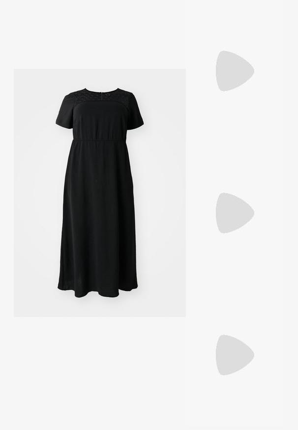 Schwarzes Maxikleid mit kurzen Ärmeln, das mit Spitzenverzierungen am Oberteil, einem runden Ausschnitt und einer gerafften Taille für eine lockere Passform versehen ist.; Schwarze Lackleder-Slingback-High Heels mit spitzem Schuh und einem geometrischen Blockabsatz. Verfügt über ein schlankes, minimalistisches Design und eine glatte Textur.; Schwarze Lederhandtasche mit geschwungener Form, abnehmbarem Tragegurt und goldenen Beschlägen. Die Tasche verfügt über einen Deckel mit einer Schnallen-Details.; Goldfarbener Metallarmreif mit fließendem, geschwungenem Design. Er verfügt an einem Ende über einen kleinen, auffälligen, silberfarbenen Akzent.