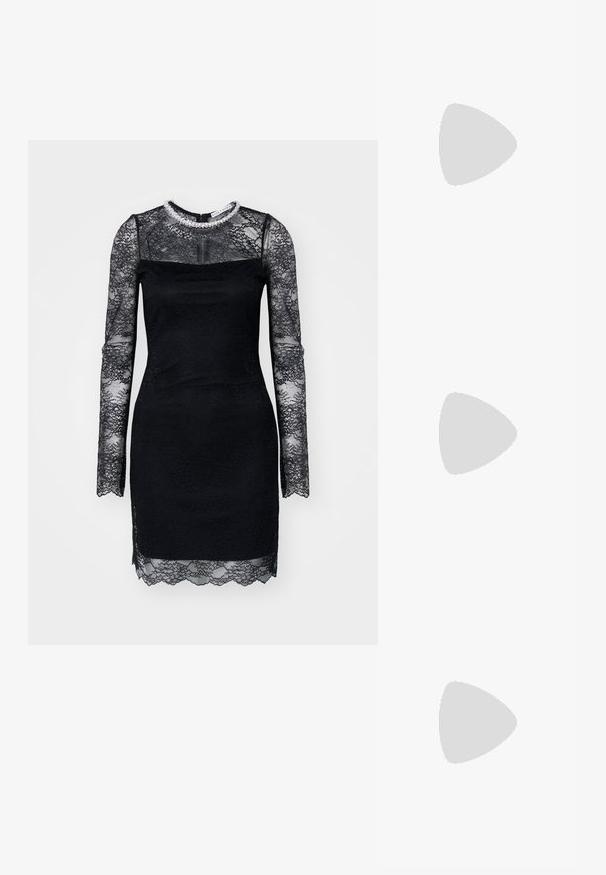 Mustast pitsikleit pikkade varrukatega, millel on läbipaistev pitsi ülemine osa, sakilise ääre ja kaunistatud kaelus. Vormiv disain.; Mustad läikivad patendiga slingback-kõrged kontsad, millel on terav põlv ja reguleeritav pahkluu rihm, ning mõõdukas plokknukk. Sile tekstuur läikiva viimistlusega.; Must musta käekott tekstureeritud pinnaga, hõbedaste detailidega, kinnitusklammerduse ja lühikese kandmisvööga. Kompaktne ja struktureeritud disain.; Kulla-tooniga metallkõrvarõngad, millel on keeratud disain, sile ja läikiv pind ning ümarad kujundid. Igaühe mõõt on umbes 5 cm.