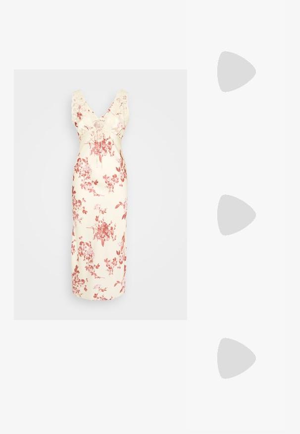 Abercrombie & Fitch BODICE SLIP - Robe longue - beige/red; Ballerines en cuir noir avec un bout pointu, sangle ajustable et petit talon ; texture lisse avec un design minimaliste.; Lunettes de soleil translucides roses avec une forme unique en œil de chat, surmontées de verres rose foncé et de branches élégantes et fines.; Boucles d'oreilles en argent en forme de cercle avec un charme en forme d'étoile accentué d'un strass central ; comprend une seconde paire de cerceaux en argent simples.