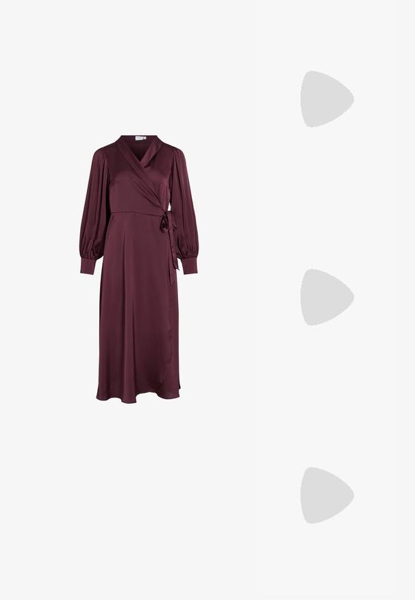 Burgundy wrap dress with long puff sleeves, tied waist, and a flowing silhouette. Made from smooth fabric, featuring a v-neckline and soft drape.; Black patent leather slingback shoe with pointed toe, ankle straps featuring silver buckles and hardware, and a slender heel.; Gold metallic handbag with a structured design, smooth texture, and adjustable strap. Features a unique triangular shape and minimalist stitching.; Gold-tone earrings featuring textured, wavy shapes. Includes sculptural clip-on studs and open hoop design with a hammered finish.