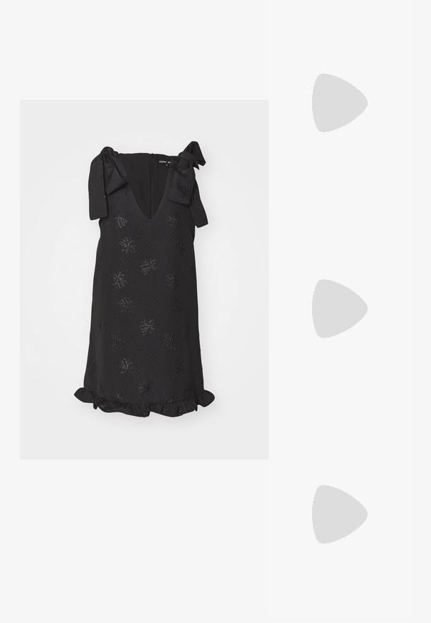 Black sleeveless dress featuring a V-neck, bow accents on shoulders, embossed floral pattern, and ruffled hem. Textured fabric adds depth.; Black patent leather slingback shoe with pointed toe, ankle straps featuring silver buckles and hardware, and a slender heel.; Silver metallic handbag with a structured shape, featuring a top handle and bow detail on the front. Smooth texture, reflective finish.; Gold-tone earrings featuring textured, wavy shapes. Includes sculptural clip-on studs and open hoop design with a hammered finish.
