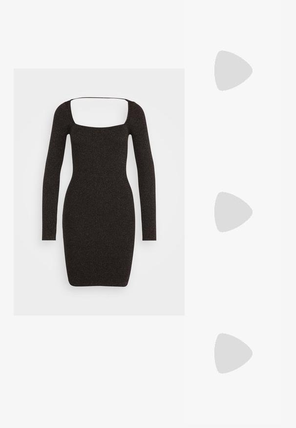 Svart, tettsittende kjole med firkantet utringning og lange ermer. Laget av ribbestrikket stoff, kne-lengde med en strømlinjeformet silhuett.; Svarte patent lær slingback hæler med spiss tå og en liten blokkheel, med en sølvspenne som detalj på stroppen.; Svart lærveske med en buet form, avtagbar stropp og gullbeslag. Vesken har et klaff med spenne-detall.; Fire par med sølvøredobber: to blanke glatte hoop-design, ett med tekstur og ett dekket med små klare rhinestones.