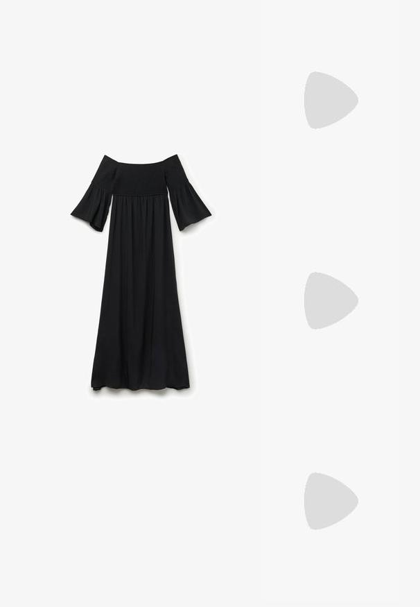 Vestido maxi negro con escote off-the-shoulder, cuerpo fruncido, mangas cortas acampanadas y tejido fluido, que presenta un diseño sencillo y elegante.; Tacones slingback de charol rosa con punta afilada, un lazo decorativo en la parte delantera y un tacón de aguja delgado. Textura suave.; Gafas cat-eye de acetato transparente con lentes amarillos, llevadas por una persona con una chaqueta de cuero oscura y un cuello de tortuga rojo. Textura suave.; Bolsa de tote de paja trenzada con una textura natural y una forma suave y orgánica, con asas de cuero marrón para un fácil transporte.